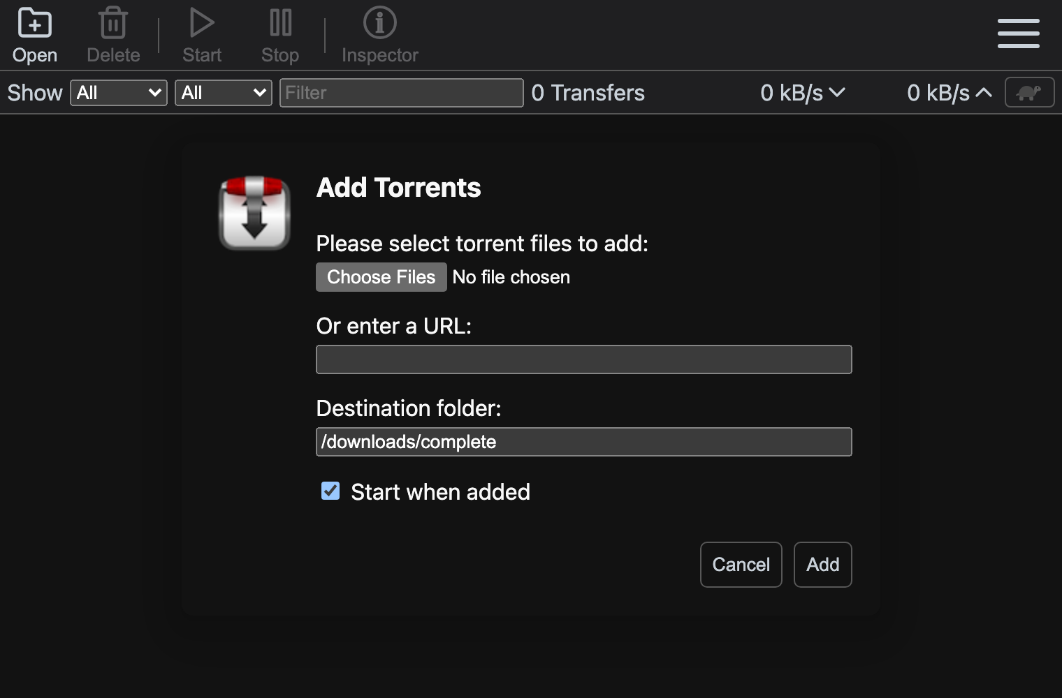 Cuadro Add Torrents de Transmission con la carpeta de descarga predeterminada