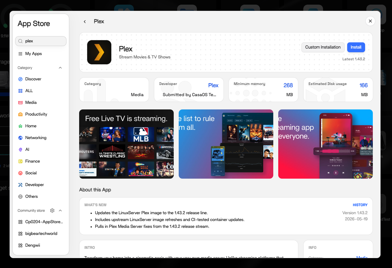 Tarjeta de Plex en ZimaOS App Store con el botón de instalación y los detalles